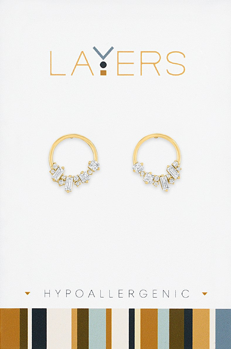 Gold Crystal Cluster Hoop Stud Layers Earrings