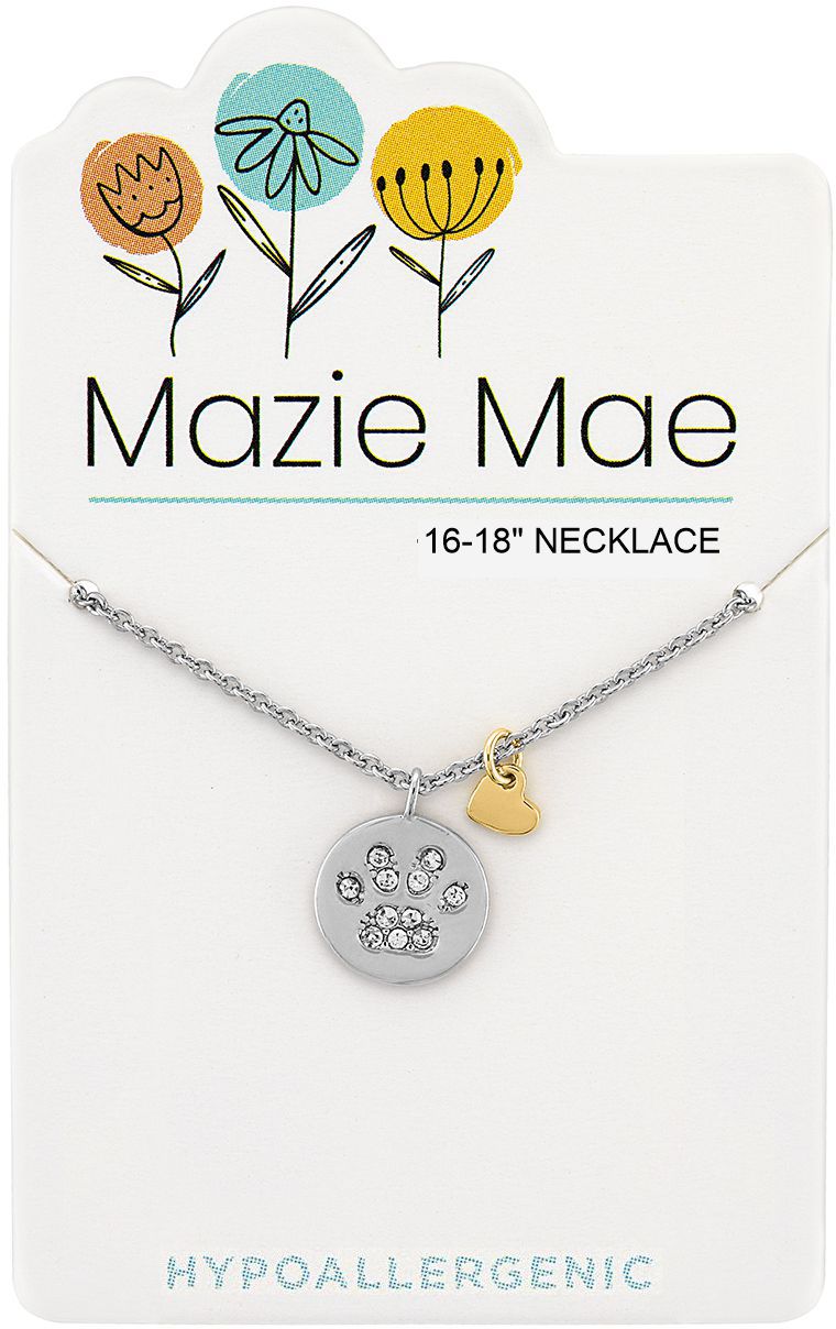 Silver Paw Print Pendant & Gold Heart Dangle Mazie Mae Necklace