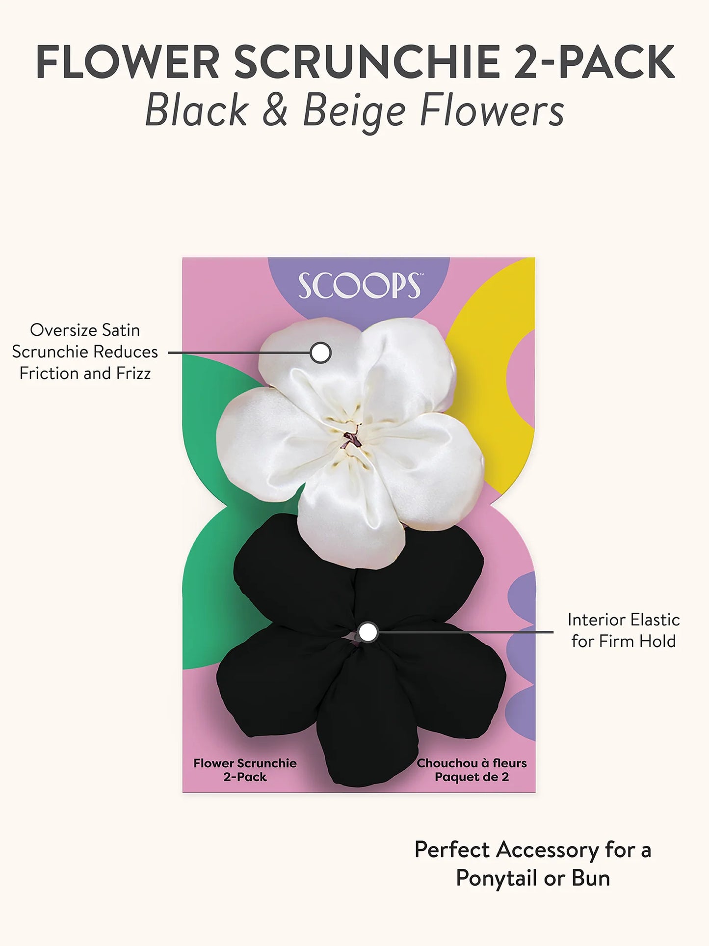 Scoops Flower Scrunchie 2-Pack, Black & Beige