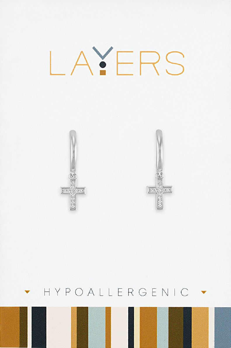 Silver CZ Cross Huggie Layers Earrings