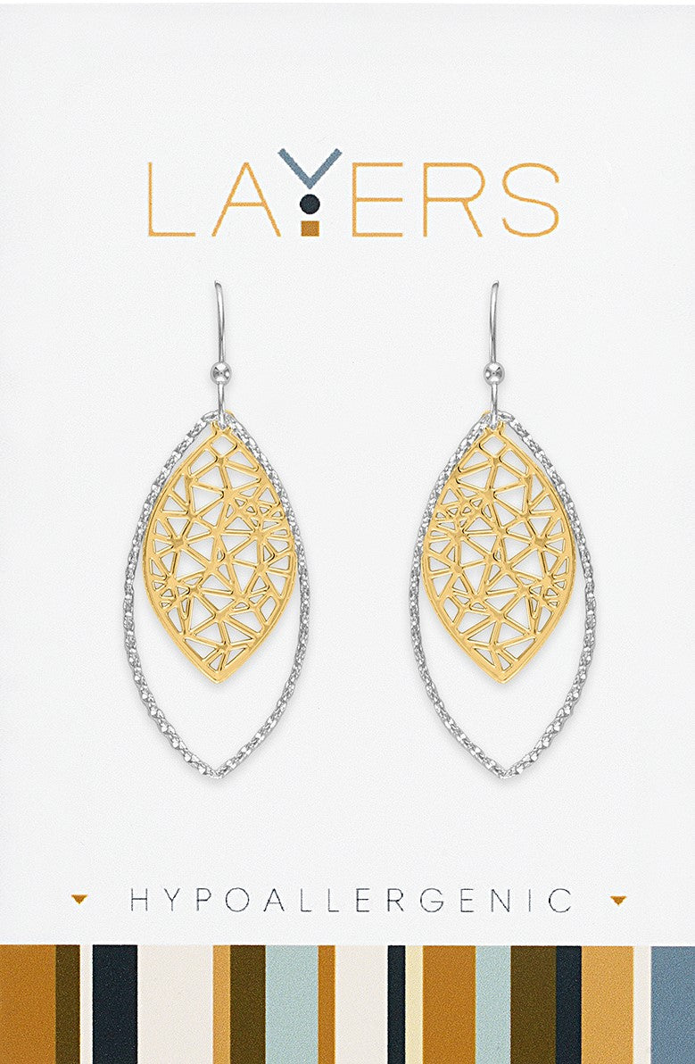 Silver Two-Toned Ribbed Geometric Leaf Dangle Layers Earrings