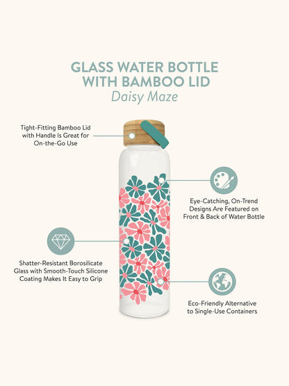 Daisy Maze Glass Water Bottle with Bamboo Lid