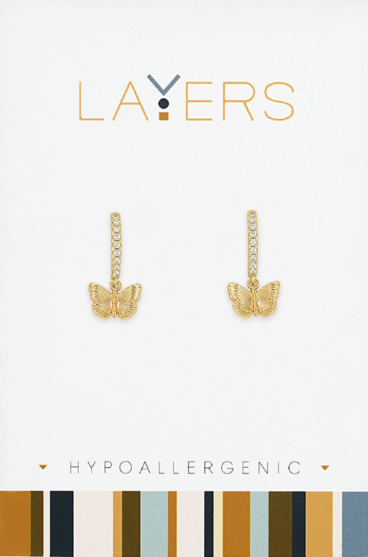 Gold Butterfly CZ Huggie Layers Earrings