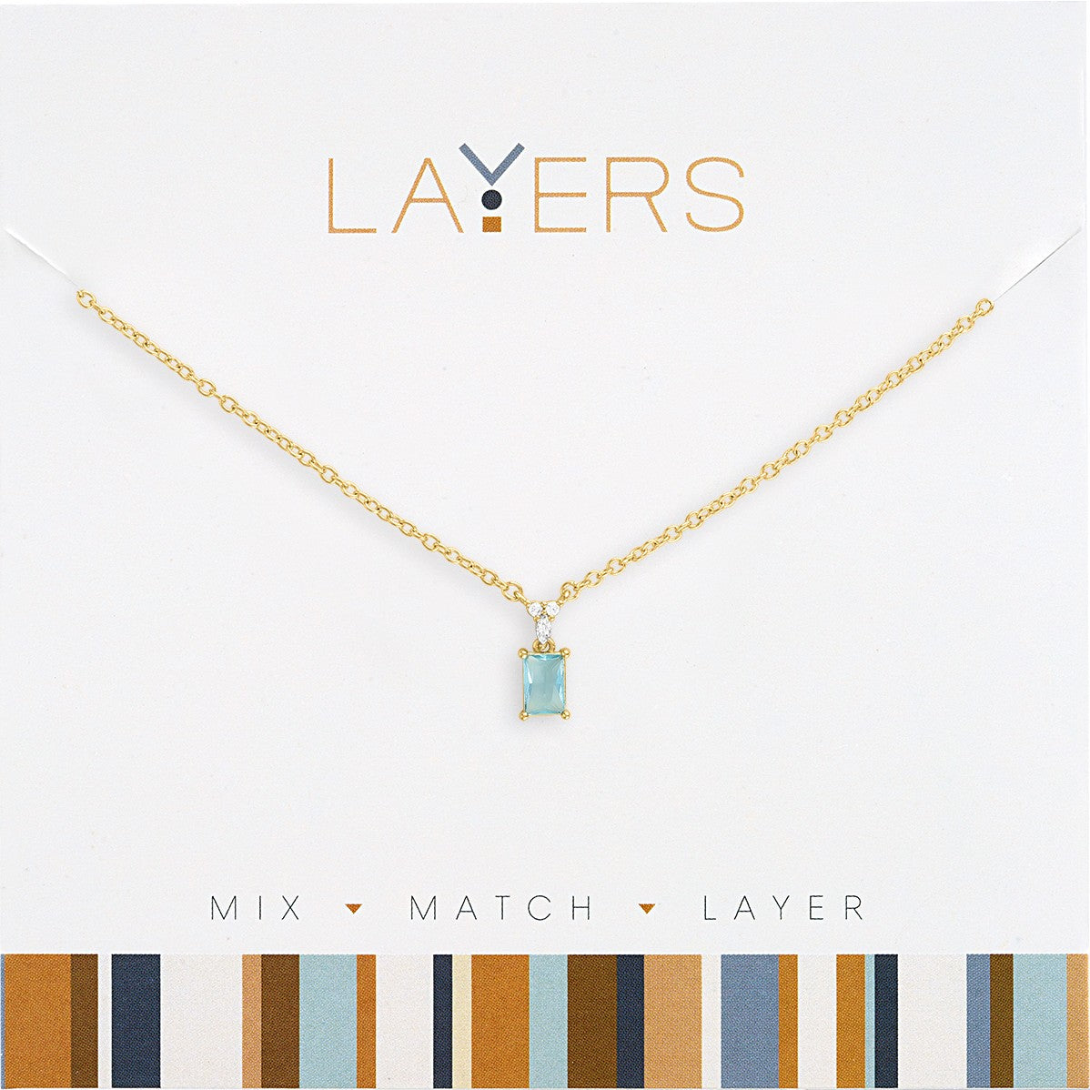 Gold Emerald Cut Sky Blue Drop Layers Necklace