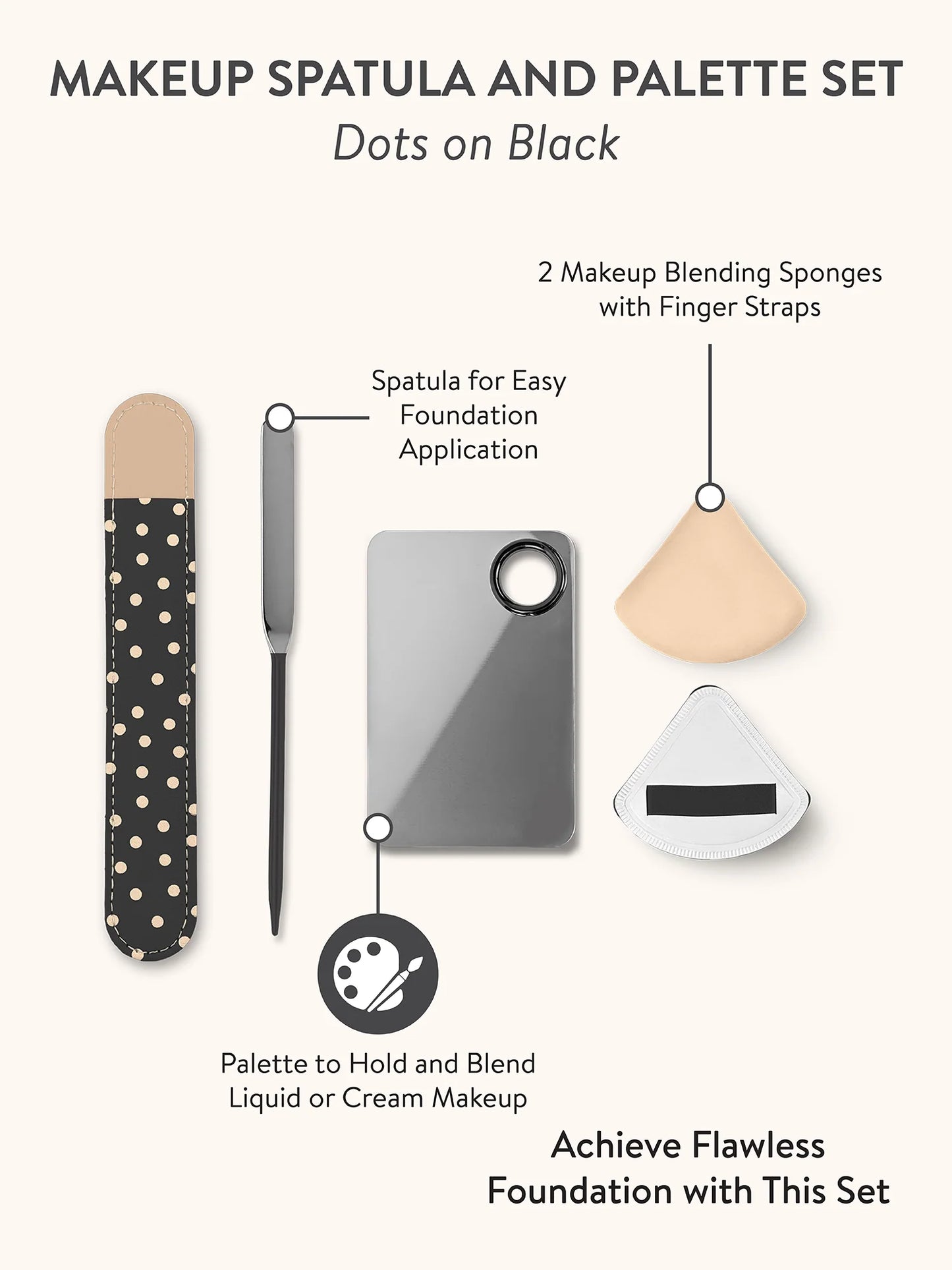 Makeup Spatula and Palette Set, Dots on Black