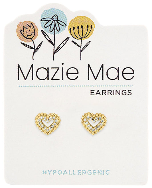 Gold Double Bordered CZ Heart Stud Mazie Mae Earring