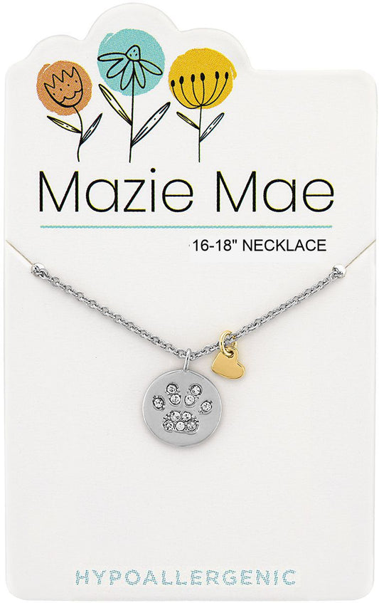 Silver Paw Print Pendant & Gold Heart Dangle  Mazie Mae Necklace