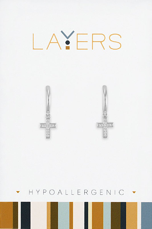 Silver CZ Cross Huggie Layers Earrings