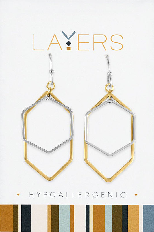 Silver Two-Toned Hexagon Dangle Layers Earrings