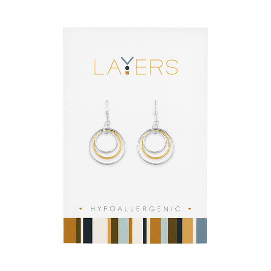 Silver Two-Toned Three Circle Dangle Layers Earrings