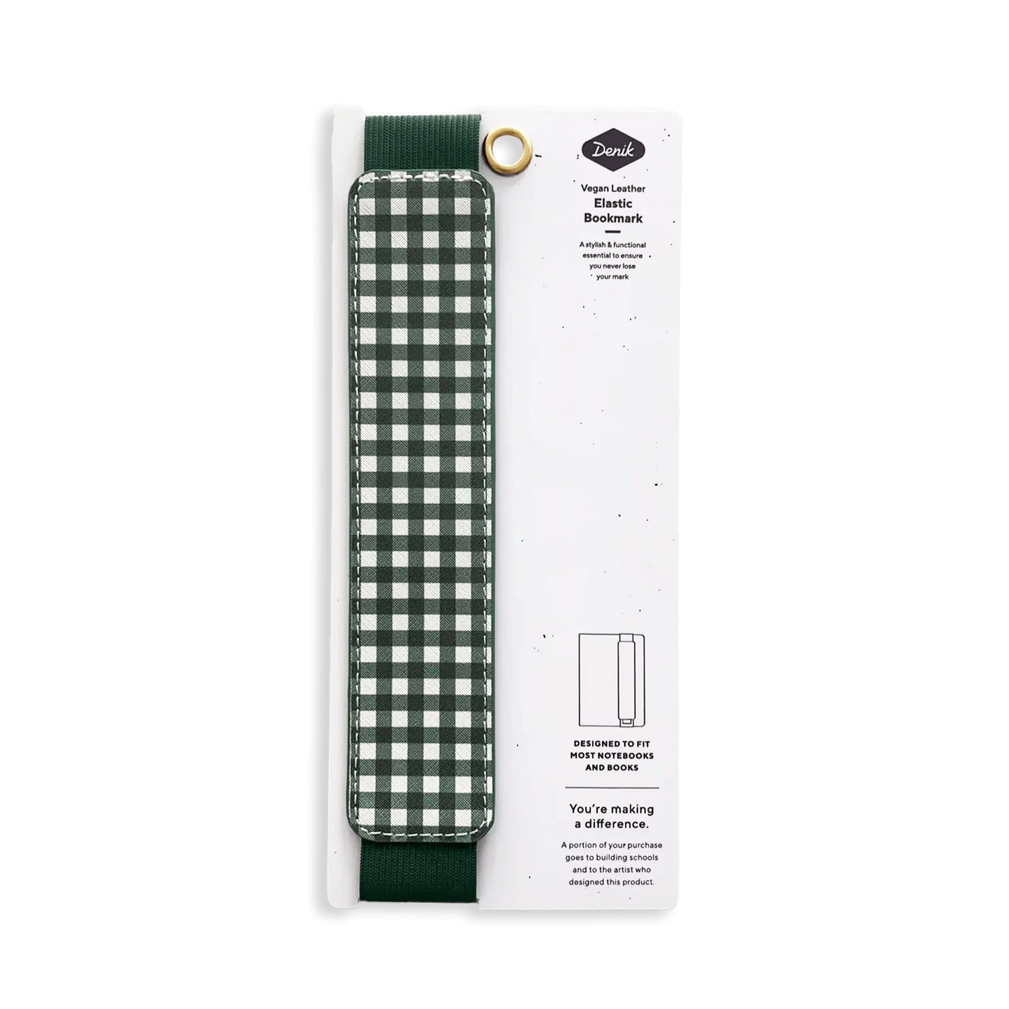 Green Gingham Vegan Leather Elastic Bookmark