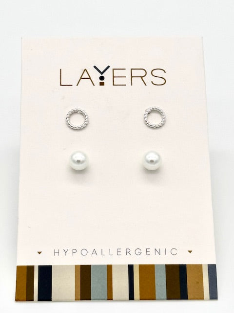 Silver Twisted Open Circle & Pearl Due Pair Stud Layers Earings